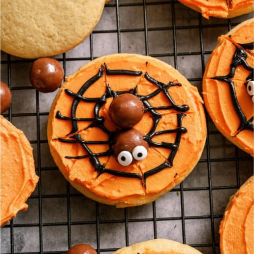 Top view of Spider Web Sugar Cookies on a cooling rack.