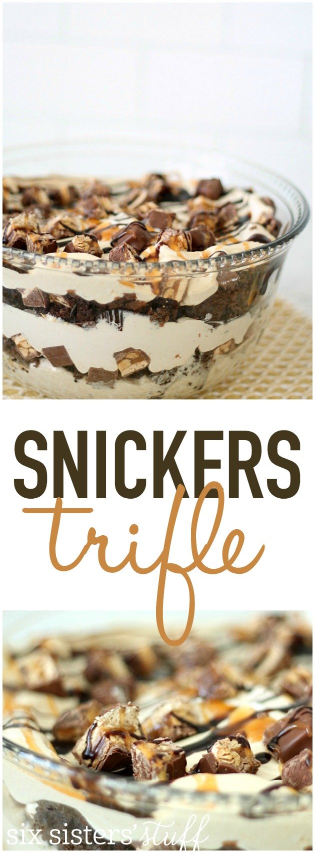 Brownie Snickers Trifle Recipe from SixSistersStuff.com