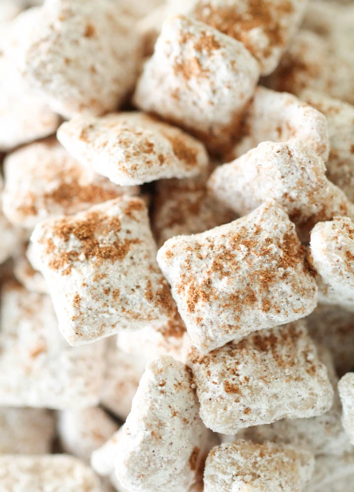 close up of chex cereal with powdered sugar and pumpkin spice