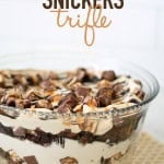 Snickers Brownie Trifle in a trifle dish.
