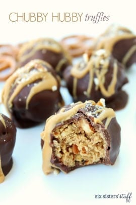 Chubby Hubby Buckeye Peanut Butter Truffles with a close up of one missing a bite.