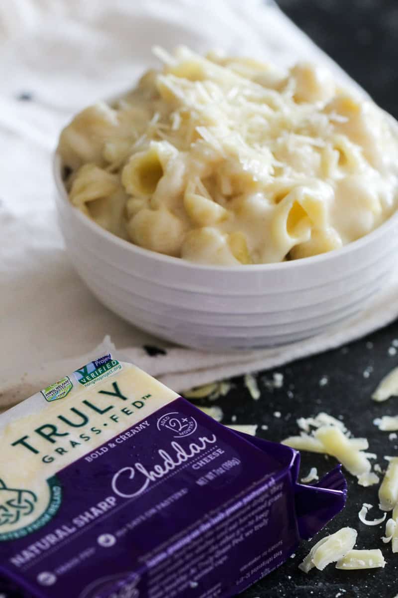 White Cheddar Shells and Cheese in white bowl