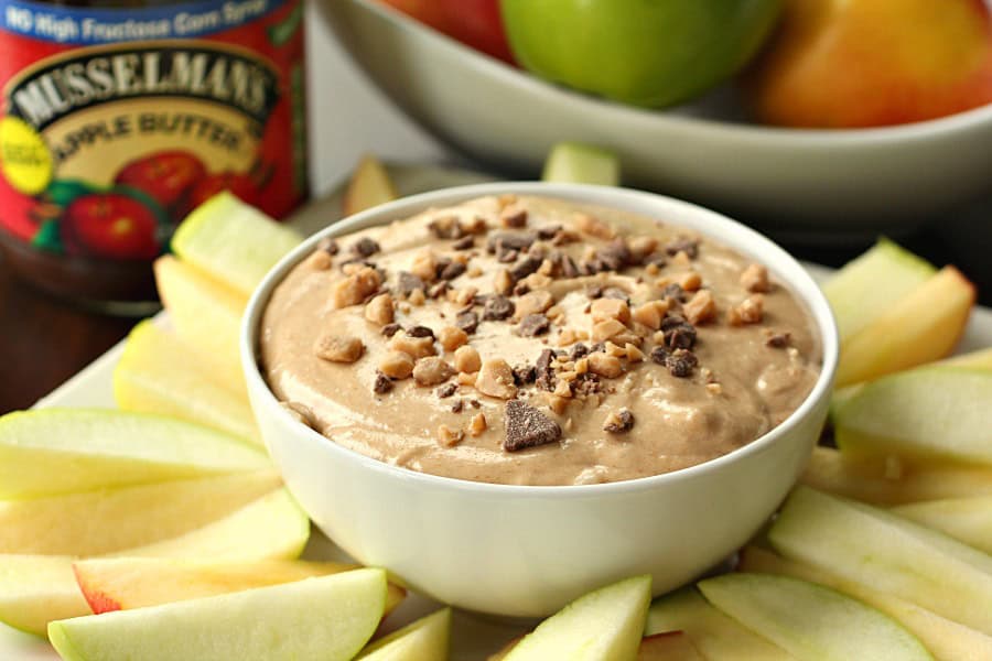 Caramel Apple Butter Dip in a bowl with apples