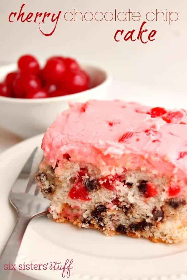 Slice of Cherry Chocolate Chip Cake on plate. Bowl of cherries.