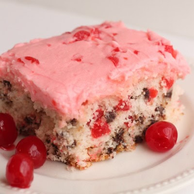 Cherry Chocolate Chip Cake with cherries on plate