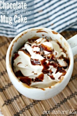 Chocolate Peanut Butter Mug Cake with toppings in a white mug.