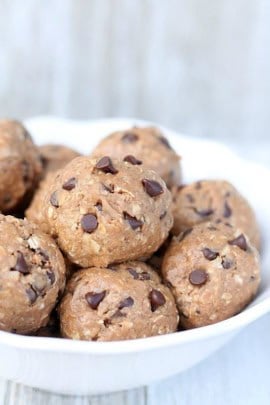 chocolate protein energy bites in a white bowl