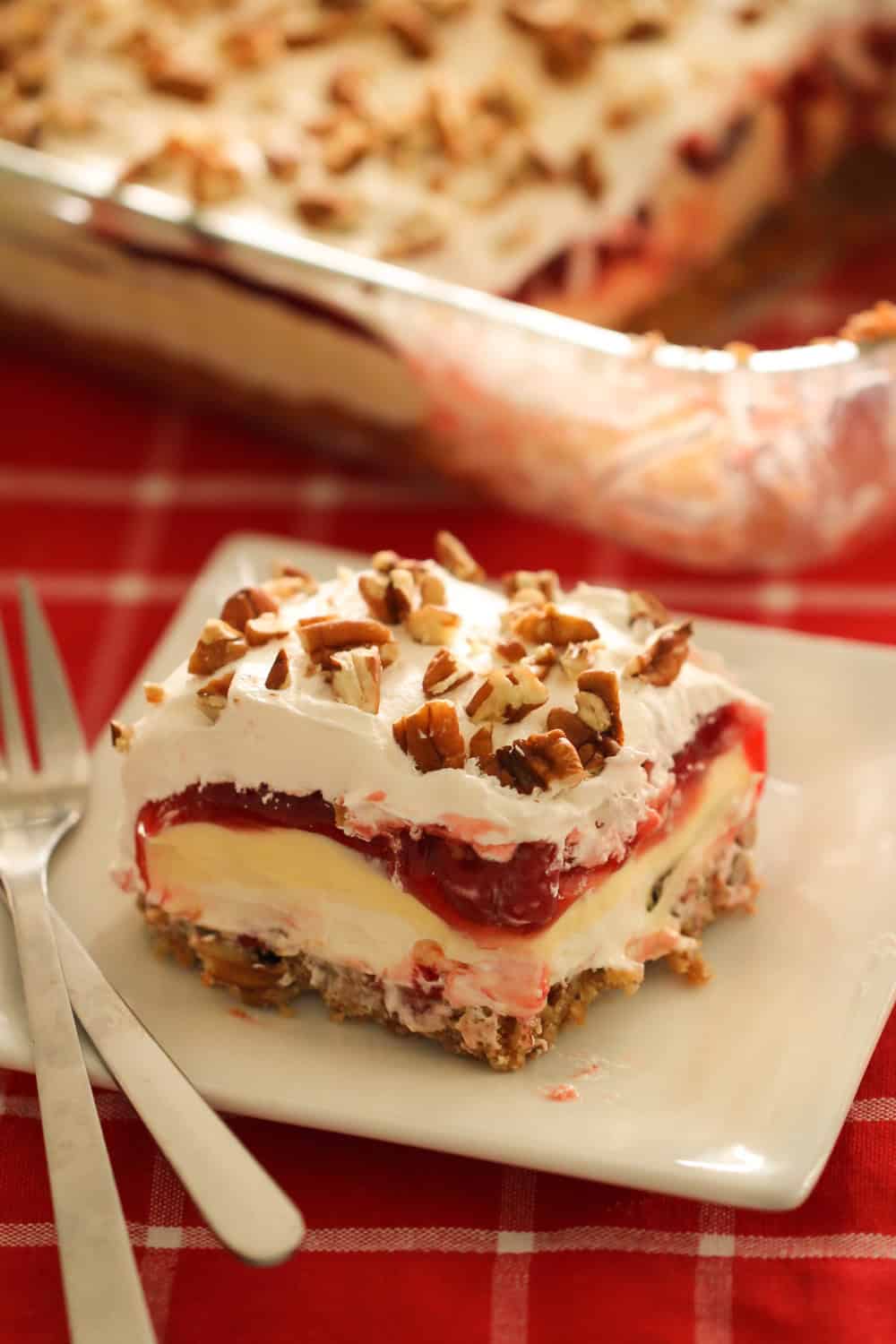 layered cheesecake served on a white plate