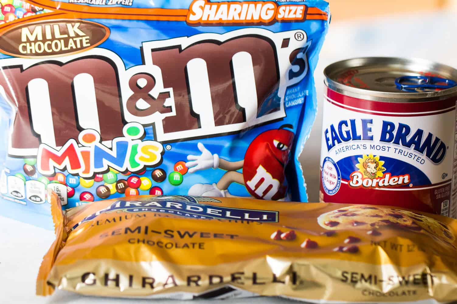 Ingredients needed to make 3 Ingredient M&M Fudge.