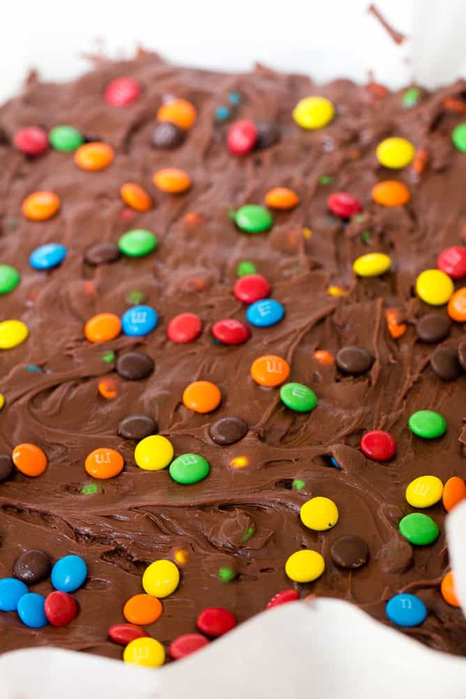 3 Ingredient M & M Fudge in pan