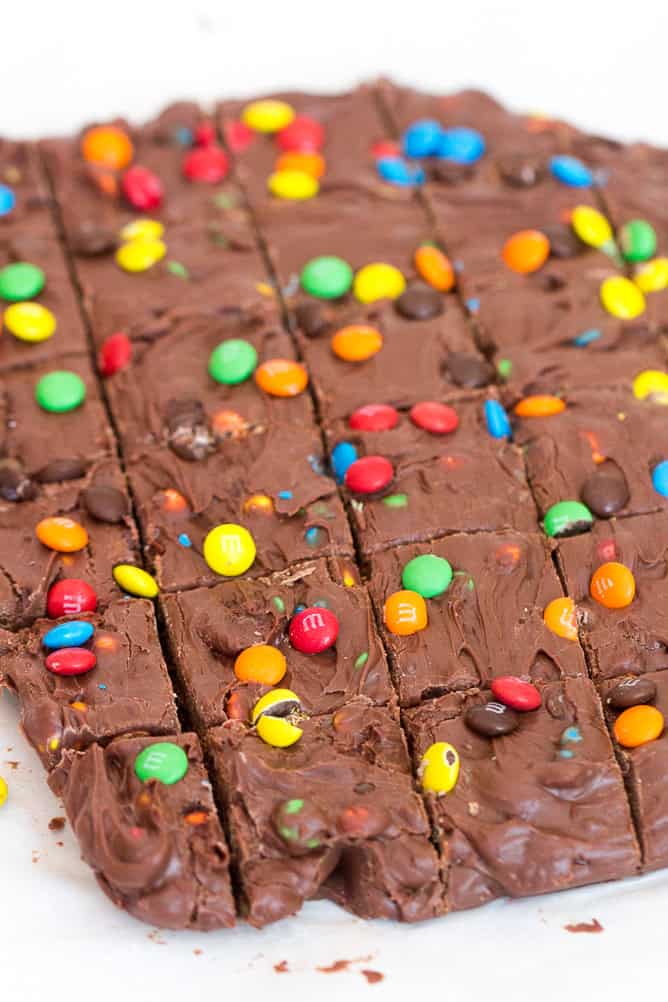 3 Ingredient M & M Fudge cut into squares