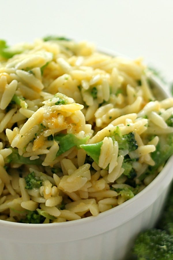 Broccoli and Cheese Orzo in a bowl