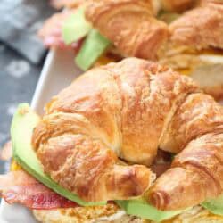 Two croissant sandwiches with avocado, egg, and bacon on a white plate.