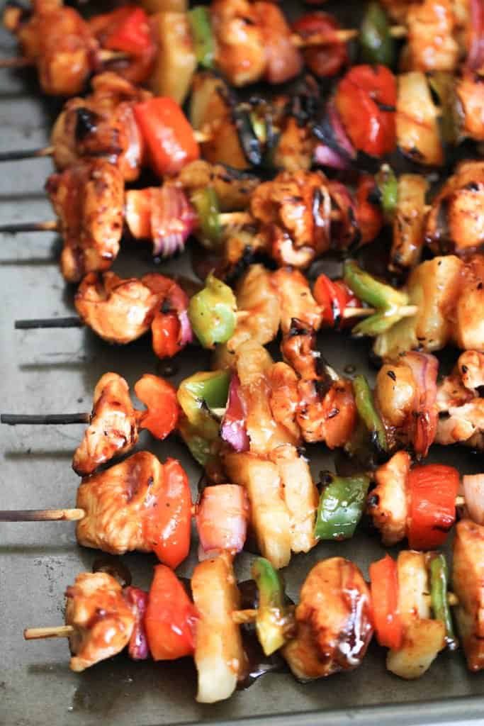 Chicken kabobs with peppers, onions, and pineapple