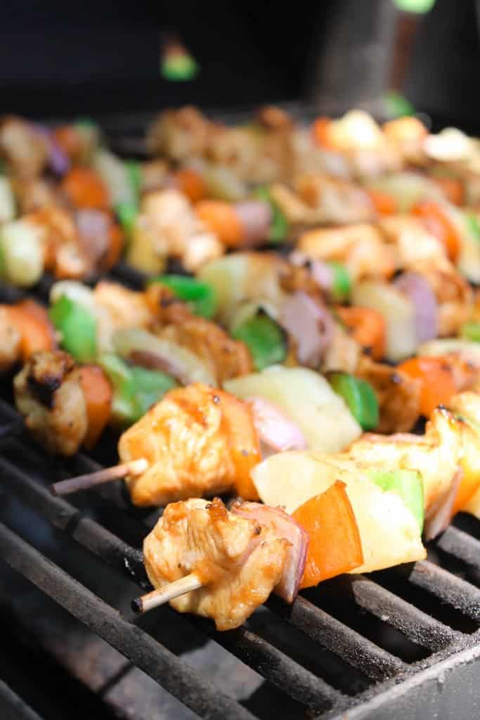 Hawaiian BBQ Chicken Kabobs cooking on grill