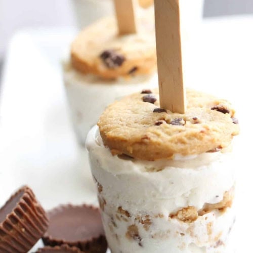 Reese’s Cookie Ice Cream Pops on a serving tray with mini reeses.
