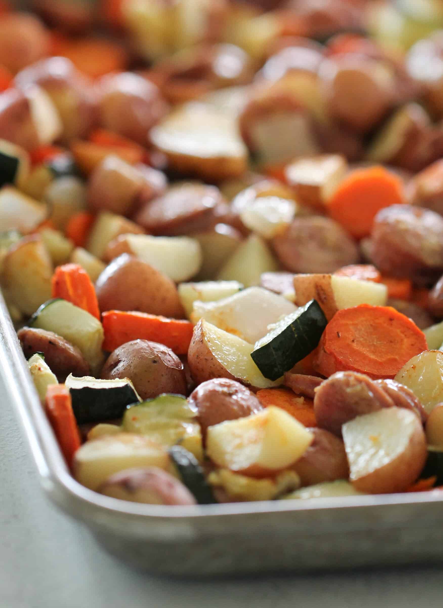 Sausage and vegetables cooked in a pan