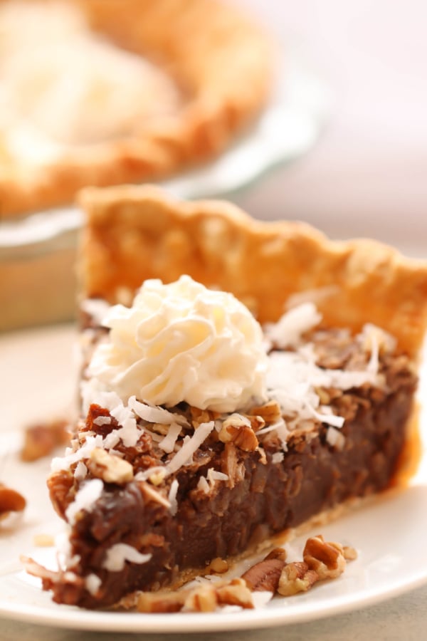 A slice of German Chocolate Cream Pie on a plate