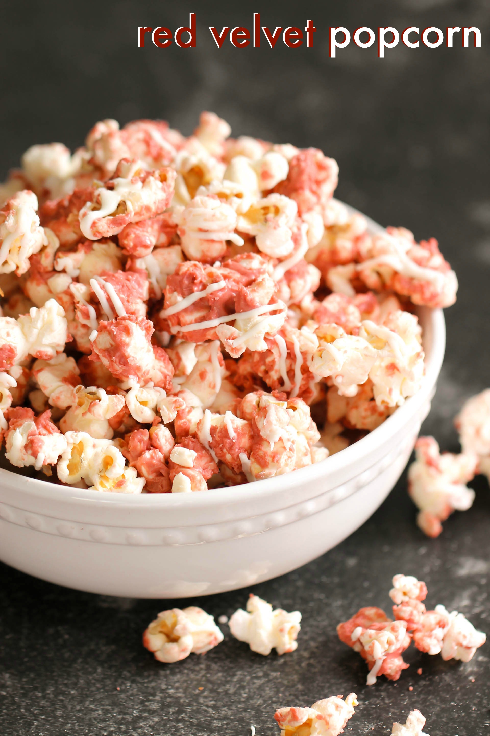 Red Velvet Popcorn in a white bowl