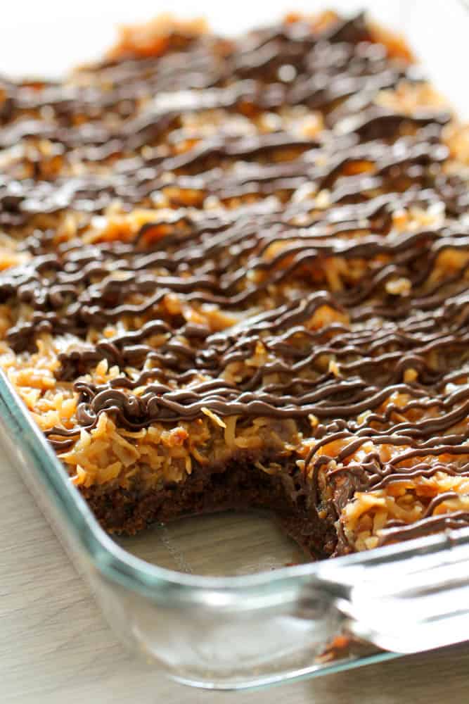 Samoa Brownies in a 9x13 baking dish