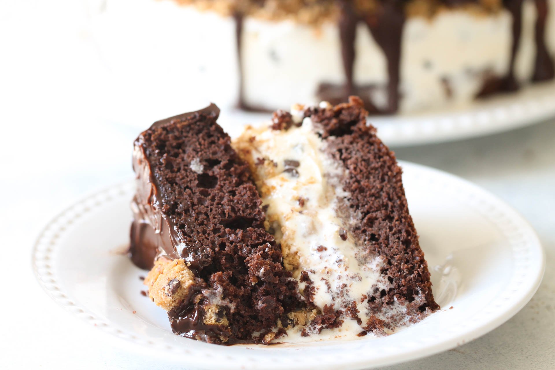 Slice of Chocolate Chip Cookie Ice Cream Cake on a plate
