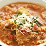 Bowl of cooked lasagna soup on six sisters stuff