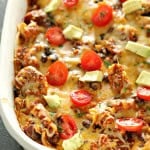 enchilada beef casserole in a baking dish