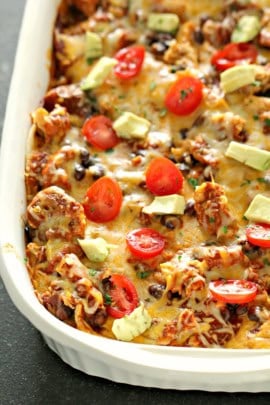 enchilada beef casserole in a baking dish