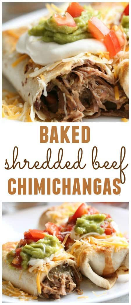 Baked Shredded Beef Chimichanga with toppings