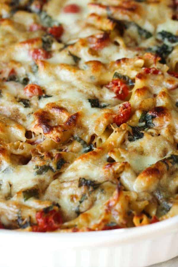 Easy Caprese Pasta Bake Recipe in white casserole dish