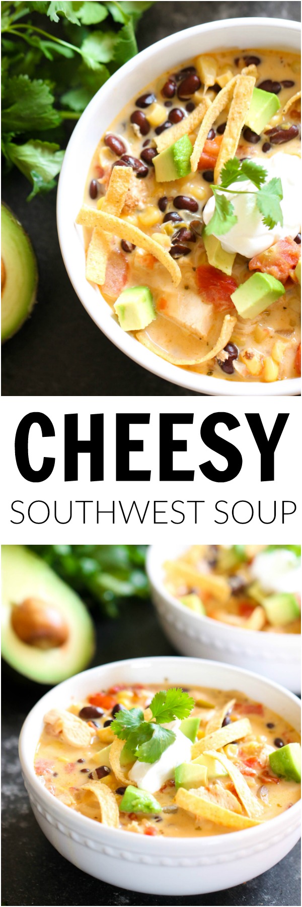Cheesy Southwest Soup double image with soup and toppings