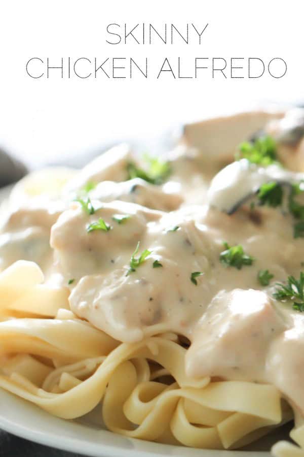 healthy chicken Alfredo made with less fat over fettecine