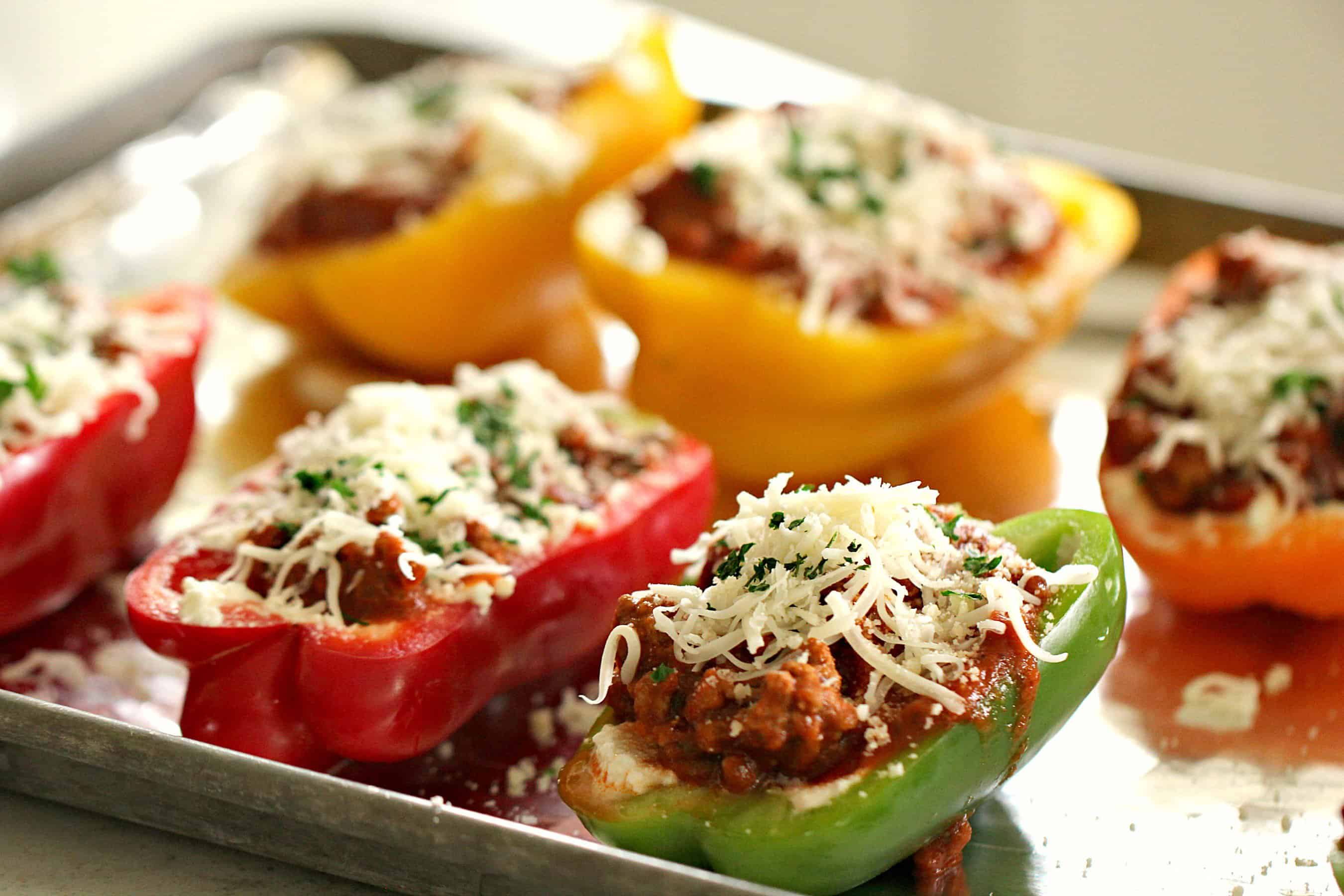 Ground Turkey Lasagna Stuffed Peppers on a baking sheet