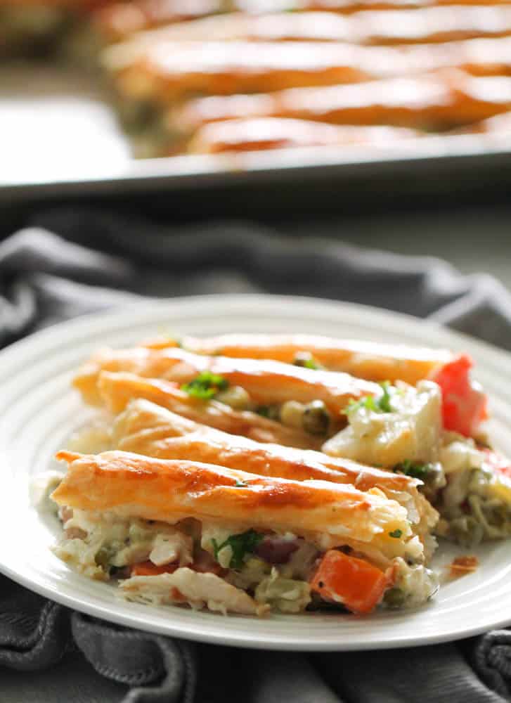 A serving of Sheet Pan Chicken Pot Pie on a dish