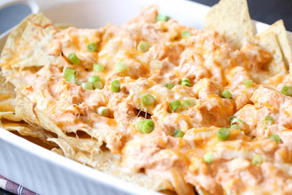 Buffalo Chicken Nachos in a baking dish