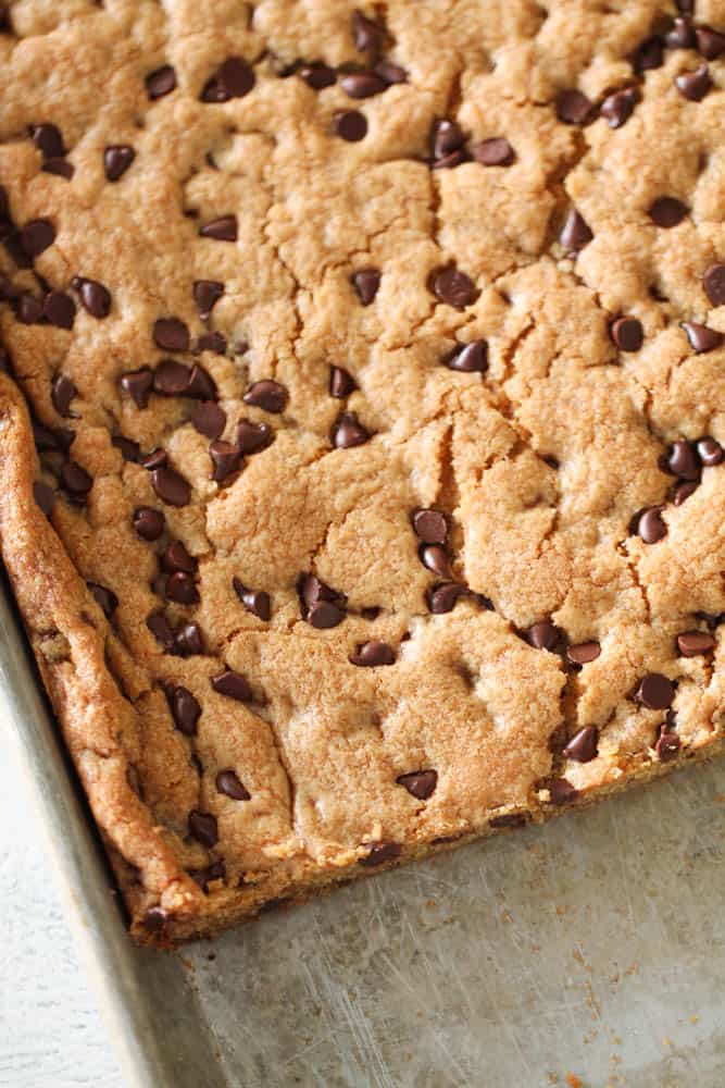 Sheet Pan Chocolate Chip Cookie Bars on a sheet pan