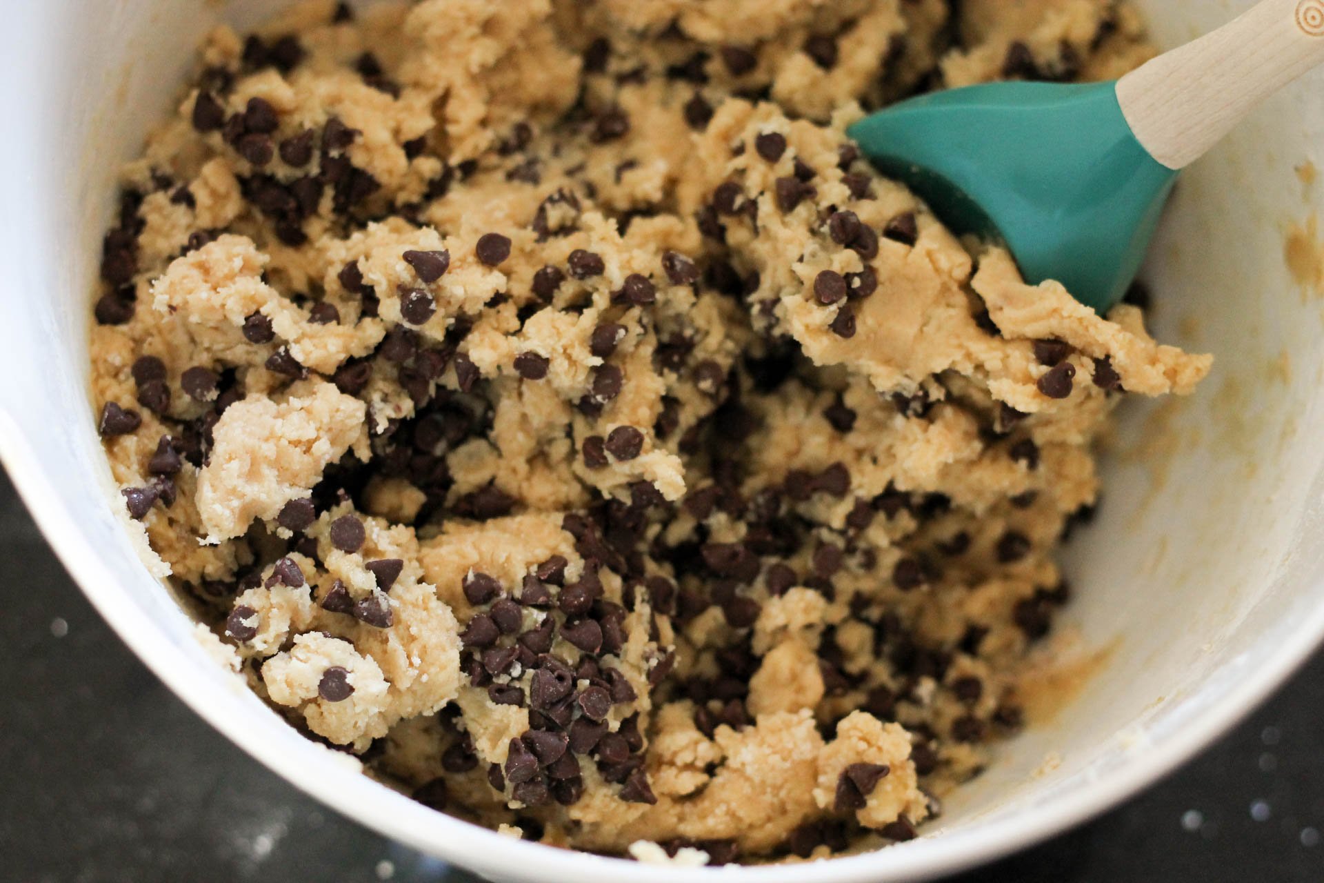 Cookie Dough mixed together in a white glass bowl
