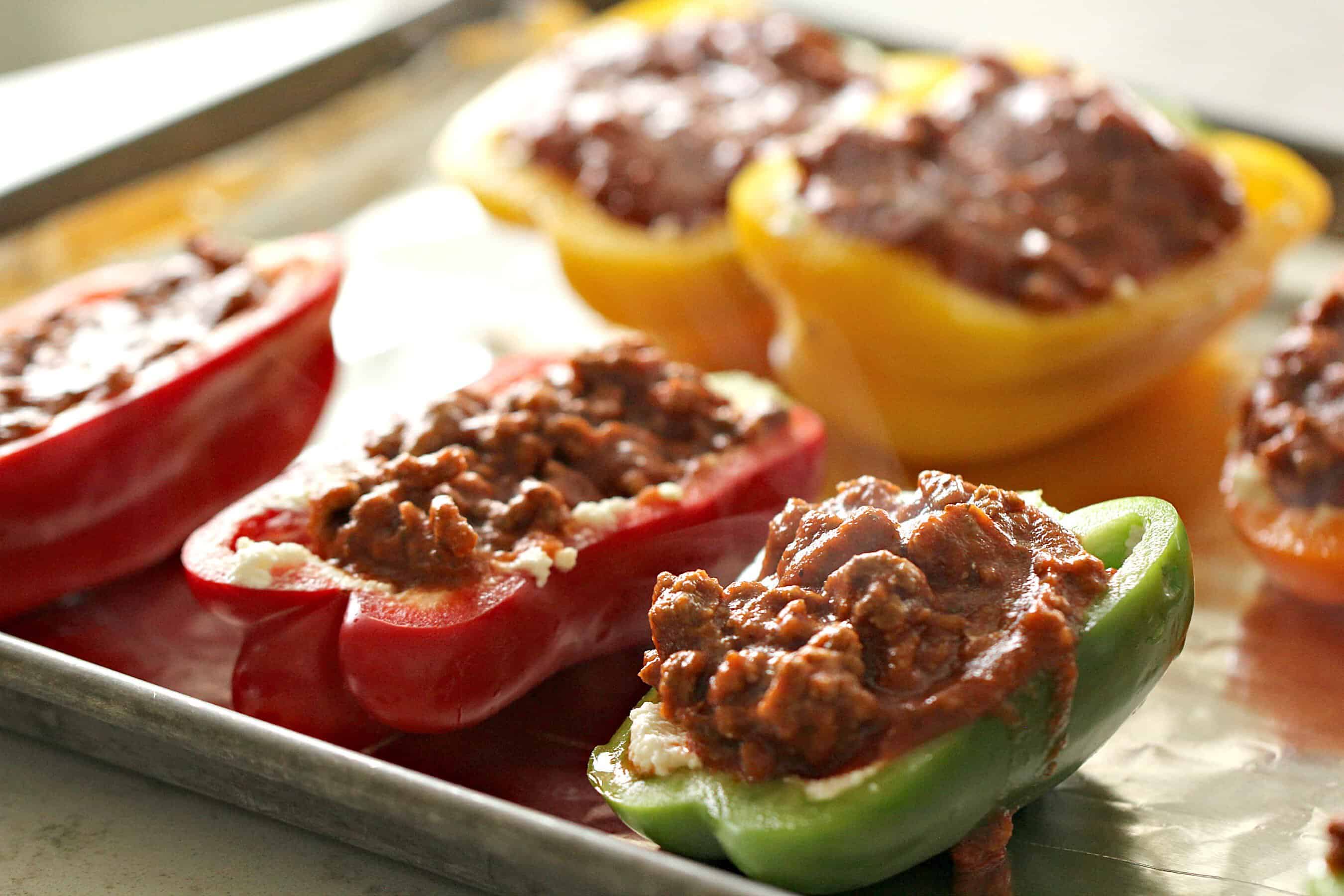 Ground Turkey Lasagna Stuffed Peppers on baking sheet