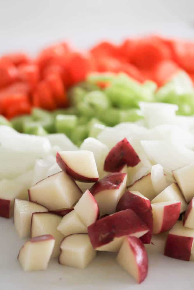 Chopped veggies for Sheet Pan Chicken Pot Pie