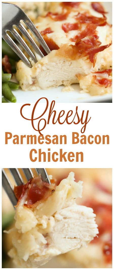 A piece of Cheesy Parmesan Bacon Chicken on a fork