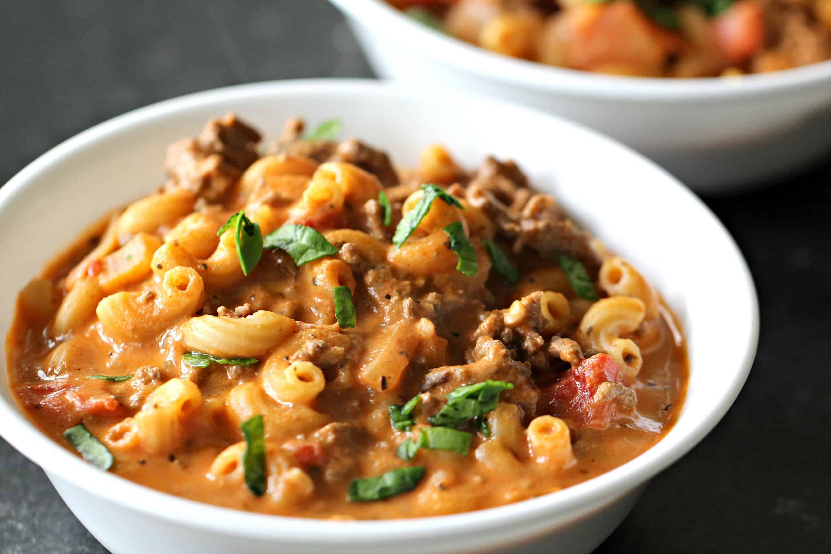 Ground Beef and Tomato Macaroni Soup in a bowl