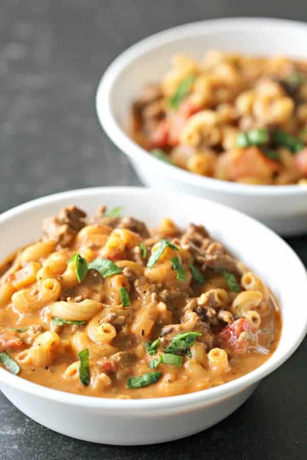 Ground Beef and Tomato Macaroni Soup in a bowl