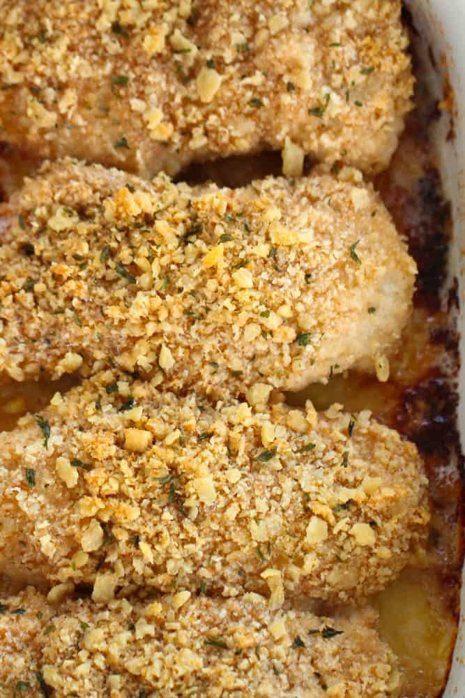 baked saltine cracker chicken cooking in a pan