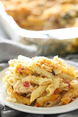 chicken casserole serving on dinner plate