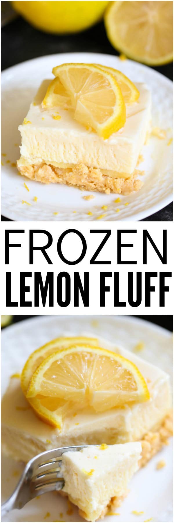 Frozen Lemon Fluff Dessert on a white plate topped with lemon slices