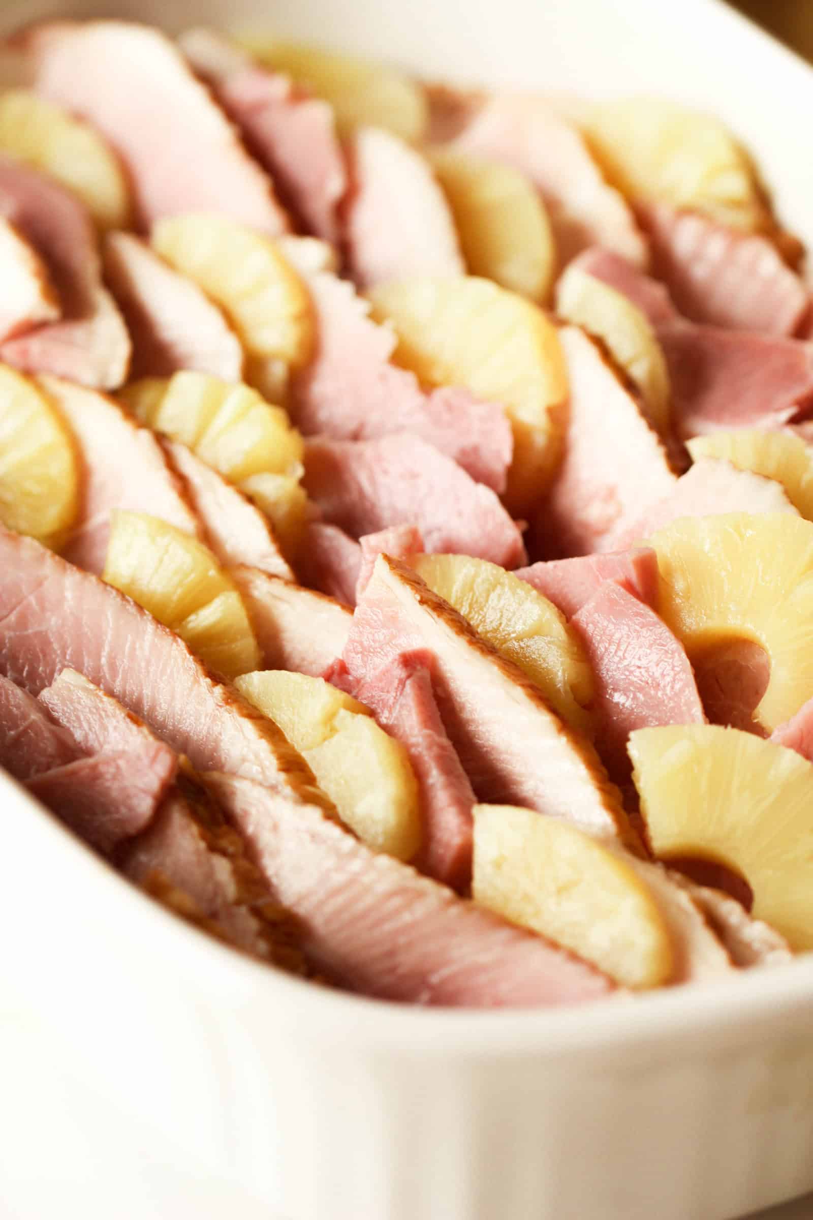 Ham and Pineapple Bake in baking dish before baking
