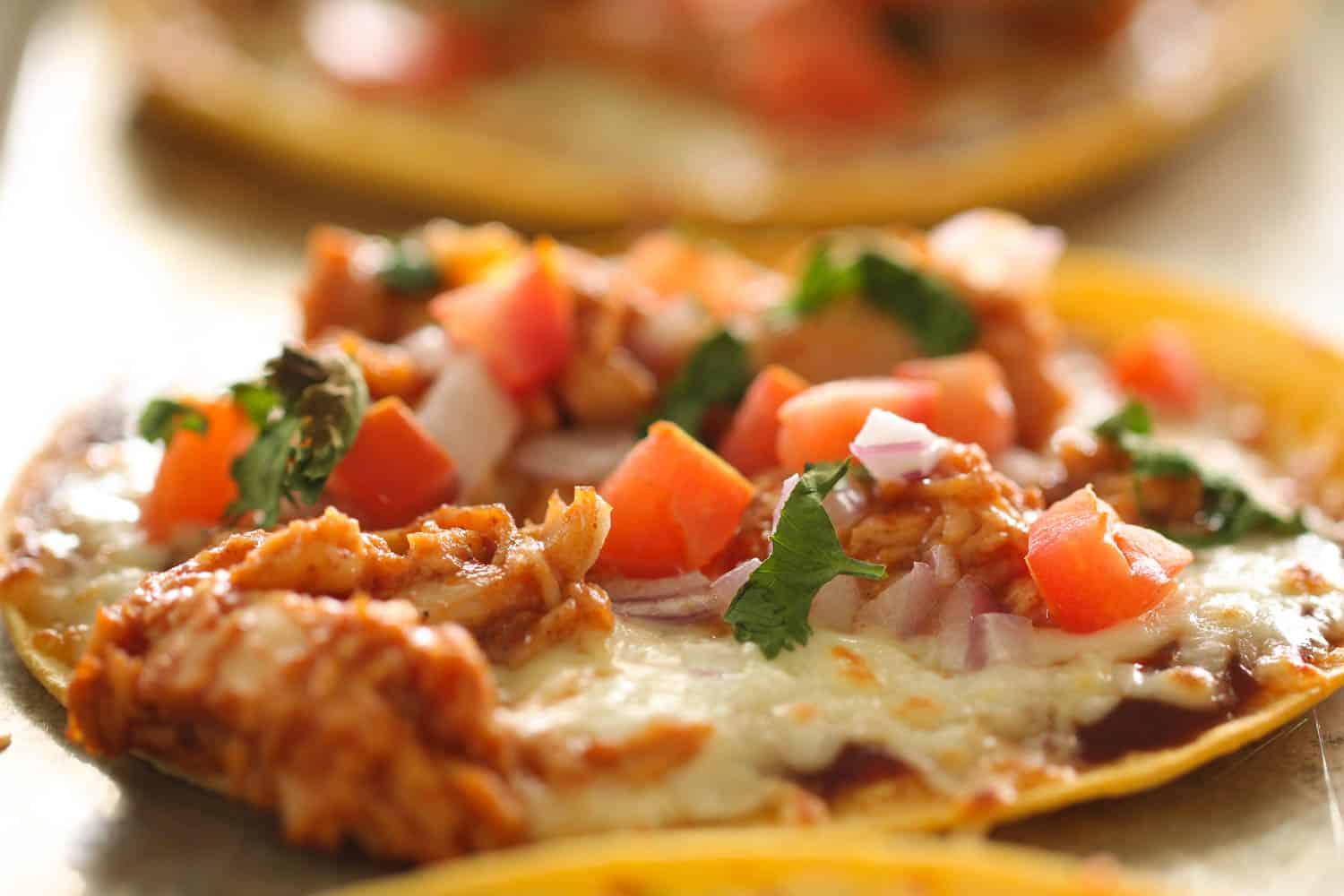 Skinny BBQ Chicken Tostadas Recipe on a sheet pan