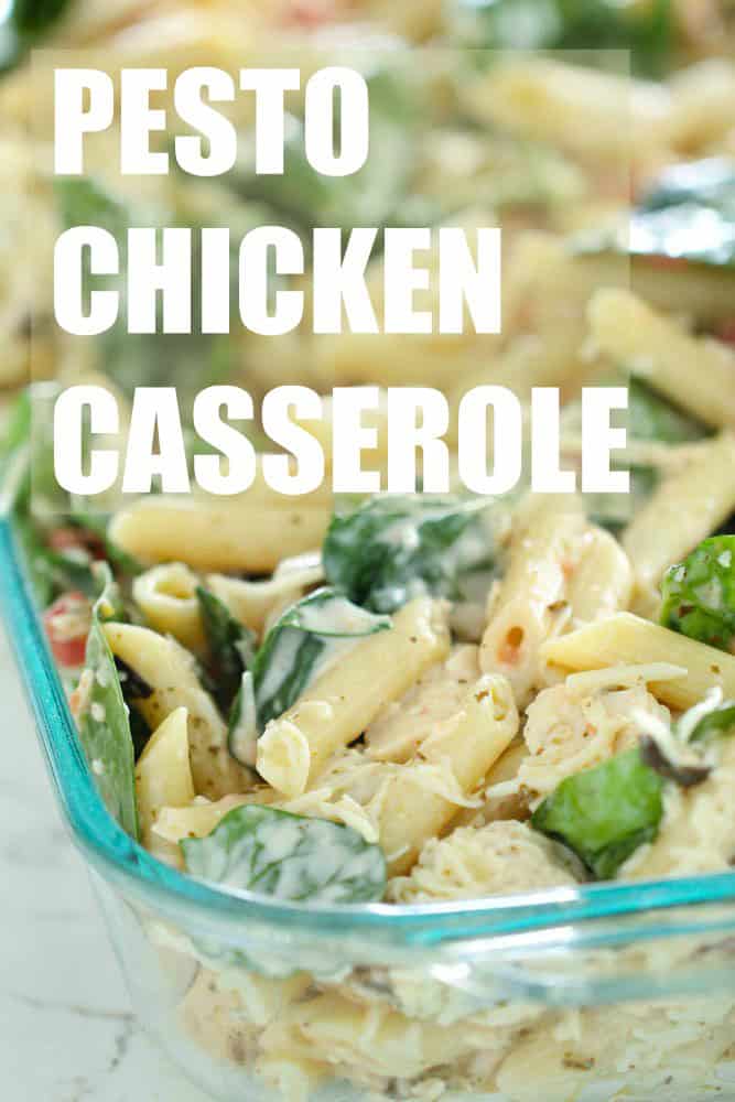 pesto chicken casserole with pasta ready to bake in oven