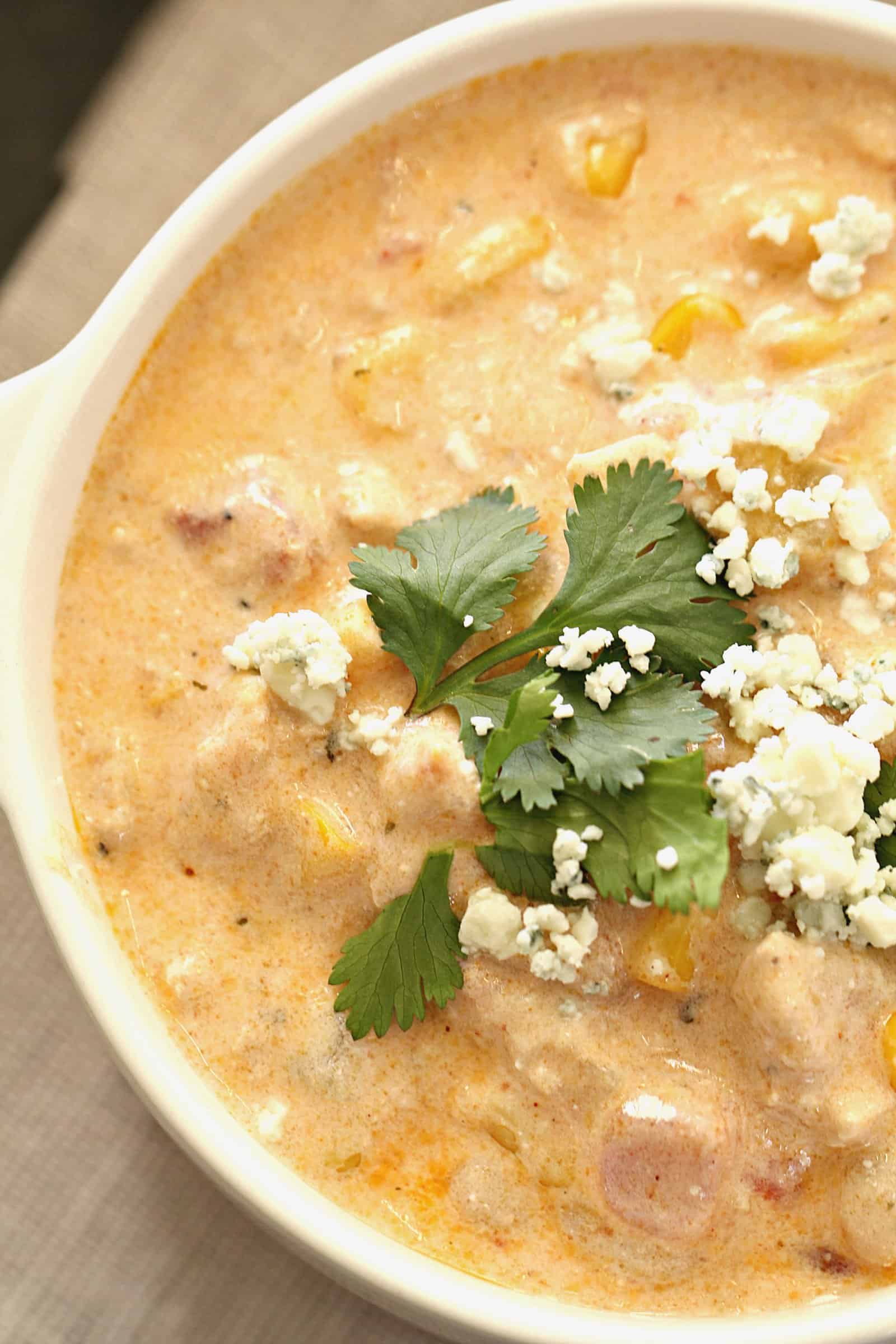 Close up top view of slow cooker chicken chili on six sisters