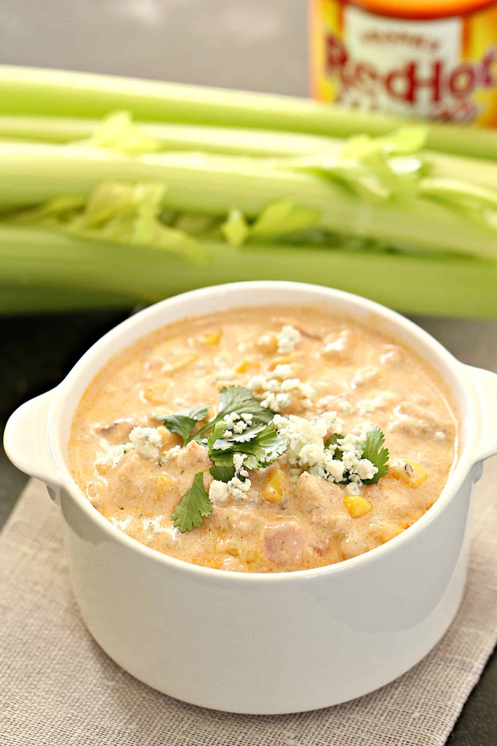 Buffalo Chicken Chili in a bowl for six sisters stuff